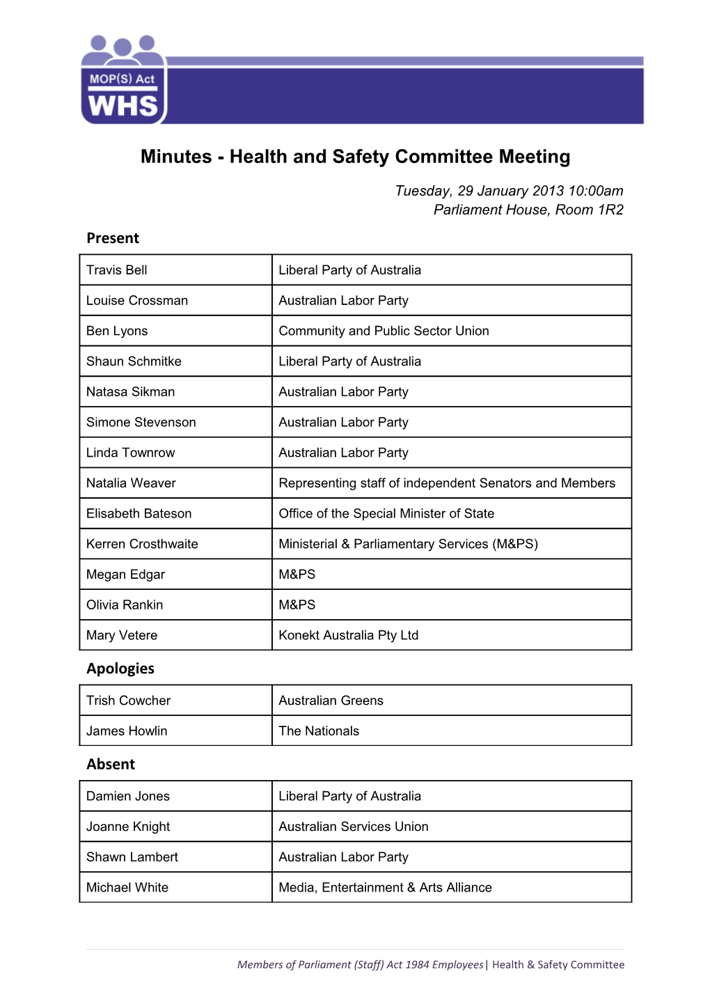 Health and Safety Committee Meeting Minutes - 29 January 2013