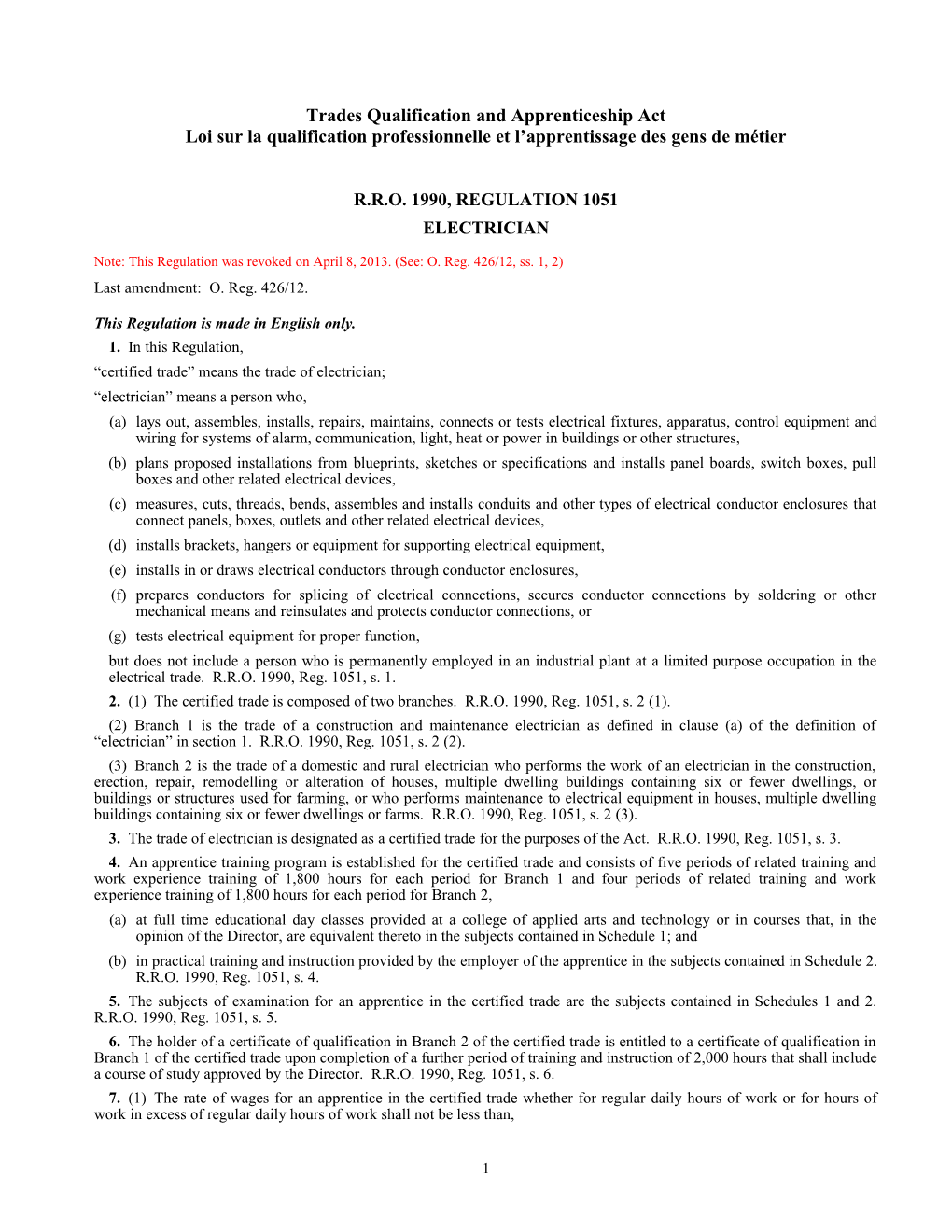 Trades Qualification and Apprenticeship Act - R.R.O. 1990, Reg. 1051