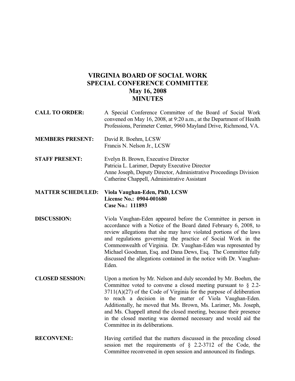 Board of Social Work - 5/16/2008 SCC Minutes