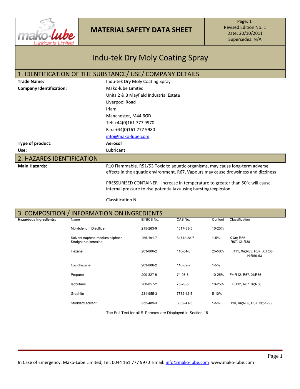 Trade Name:Indu-Tekdry Moly Coatingspray