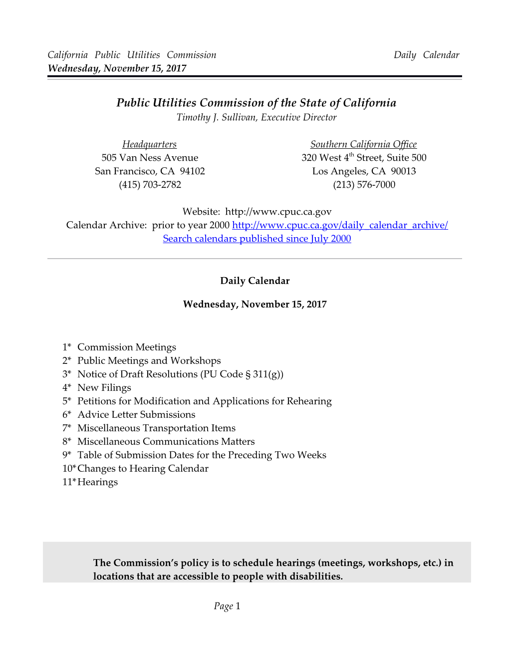 California Public Utilities Commission Daily Calendar Wednesday, November 15, 2017