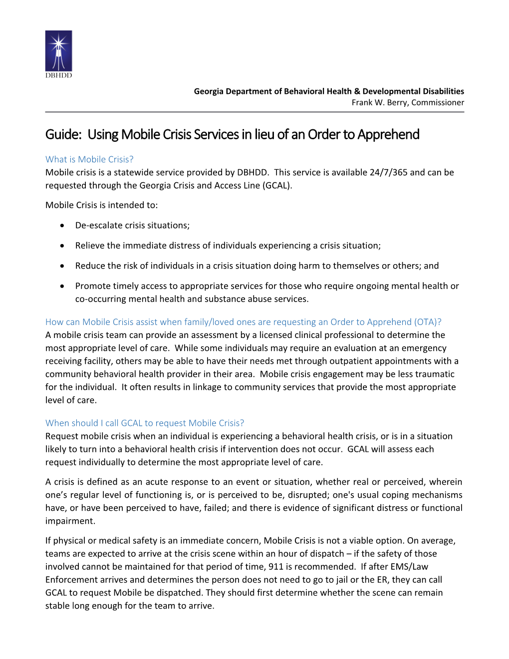 Guide: Using Mobile Crisis Services in Lieu of an Order to Apprehend
