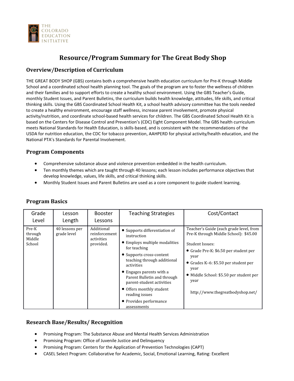 Resource/Program Summary for the Great Body Shop