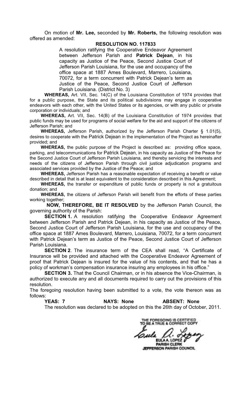 On Motion of Mr. Lee, Seconded by Mr. Roberts, the Following Resolution Was Offered As Amended