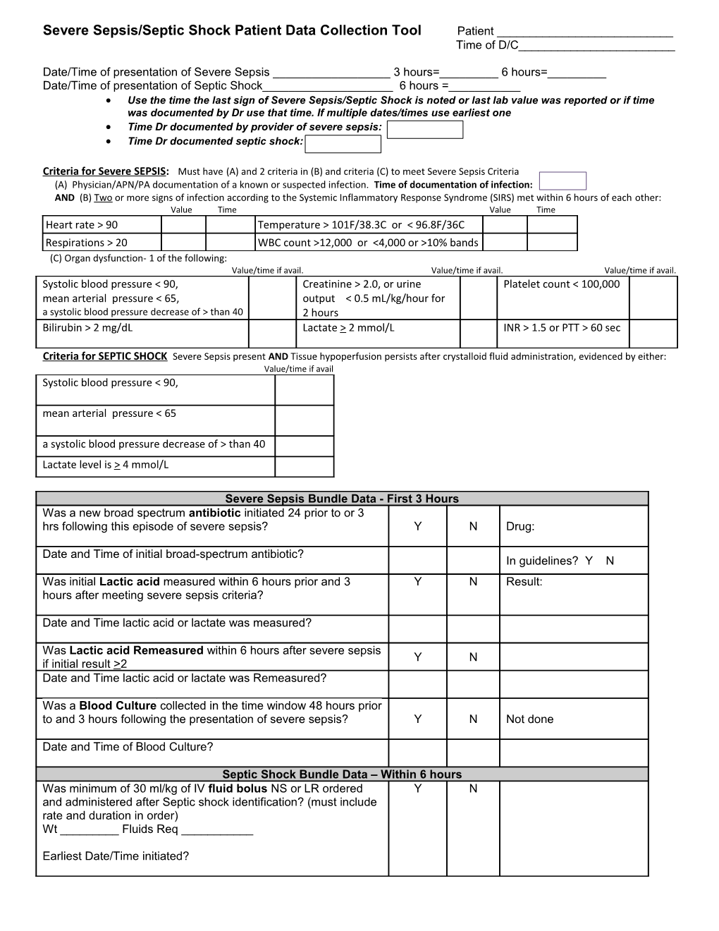 Sepsis Data Collection Form