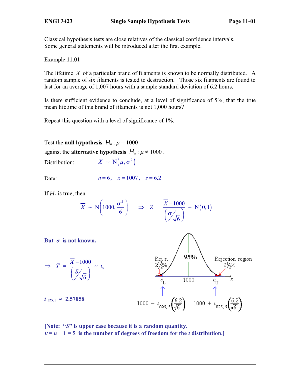 ENGI 3423Single Sample Hypothesis Testspage 11-01