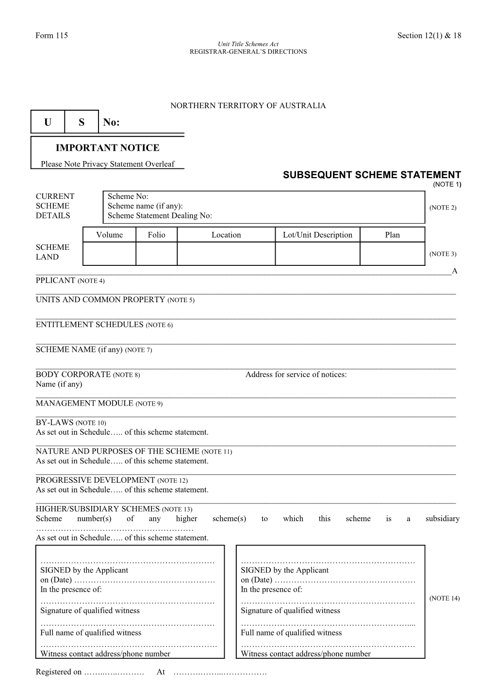 Form No. 115 - Subsequent Scheme Statement