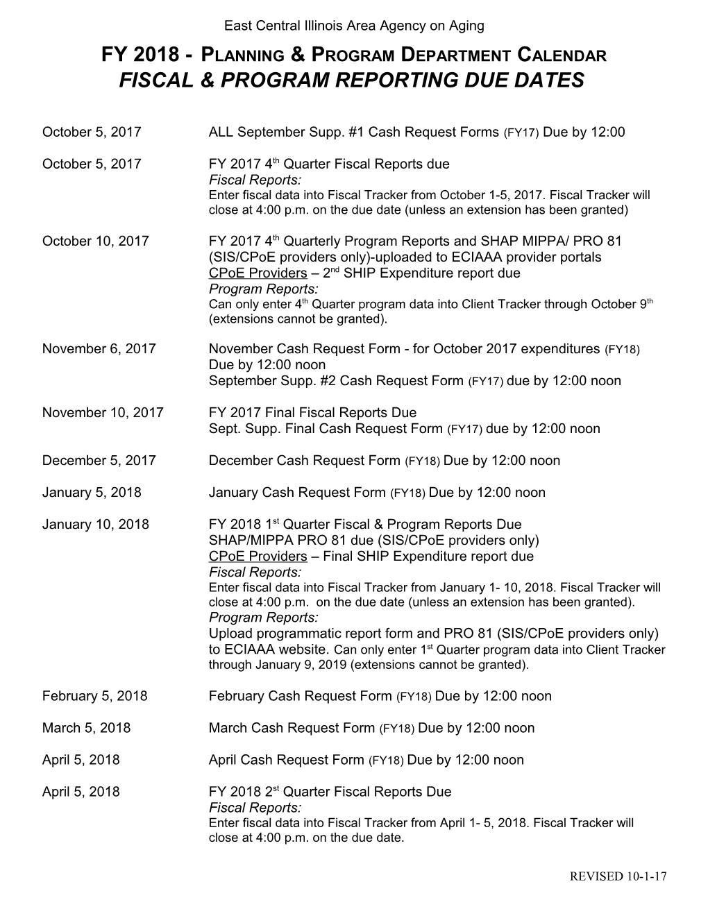 FY 2018 -Planning & Program Department Calendar