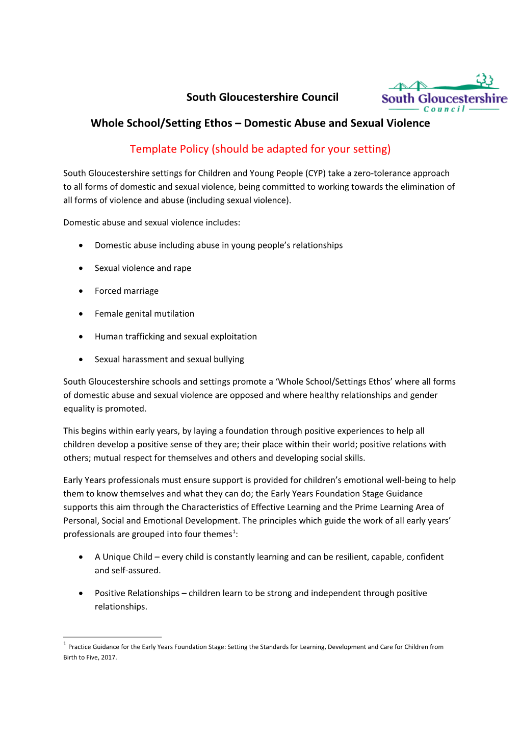 Whole School/Setting Ethos Domestic Abuse and Sexual Violence