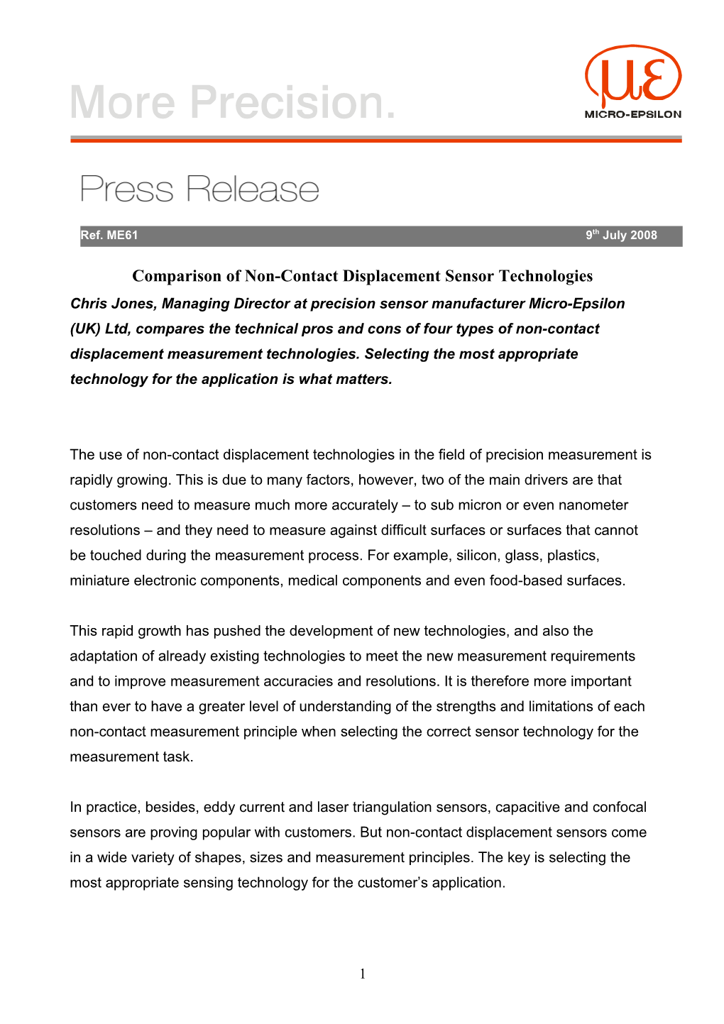 Comparison of Non-Contact Displacement Sensor Technologies