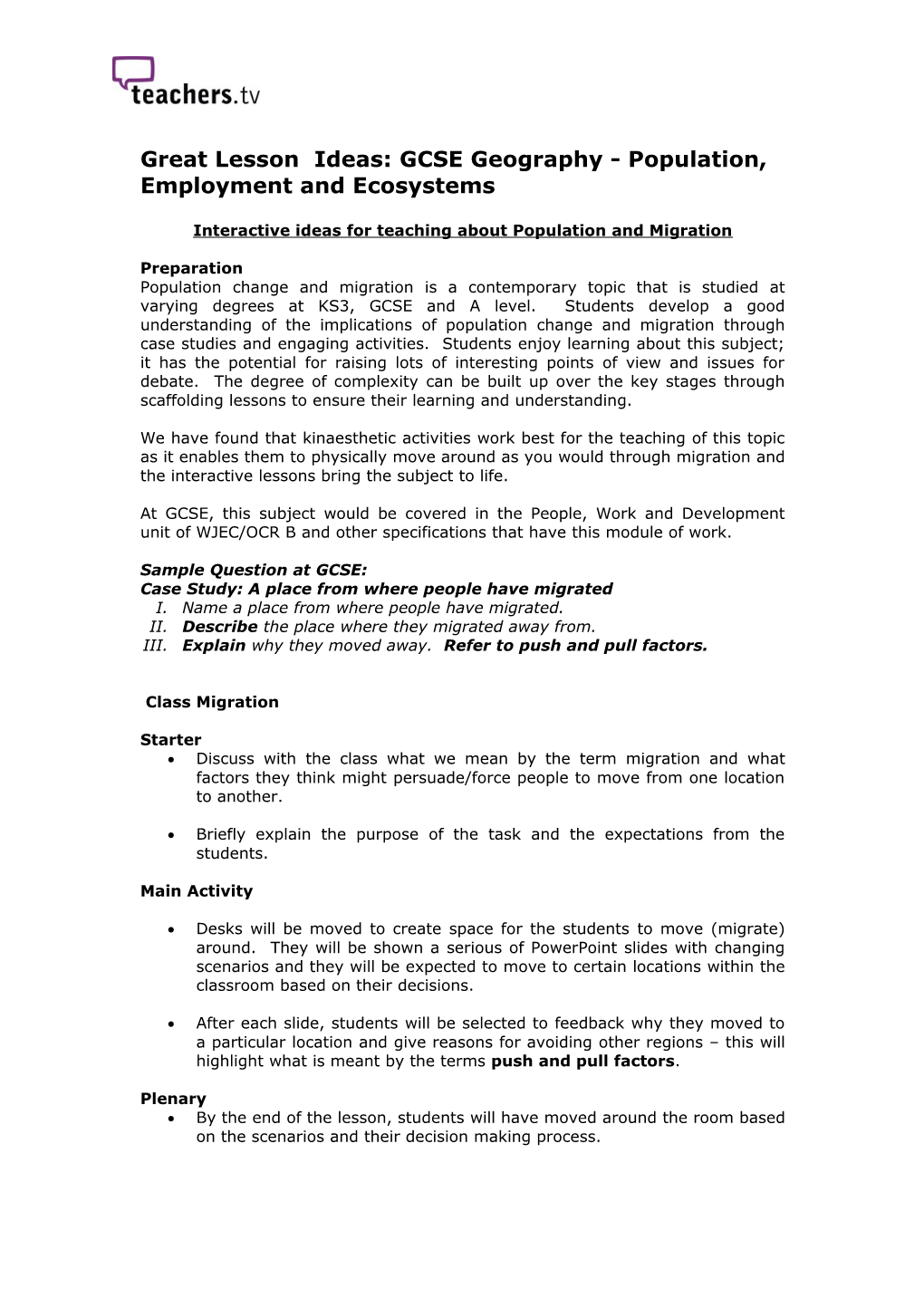 Great Lesson Ideas: GCSE Geography - Population, Employment and Ecosystems