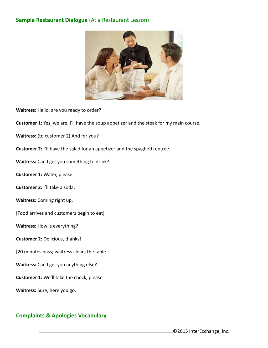Sample Restaurant Dialogue (At a Restaurant Lesson)