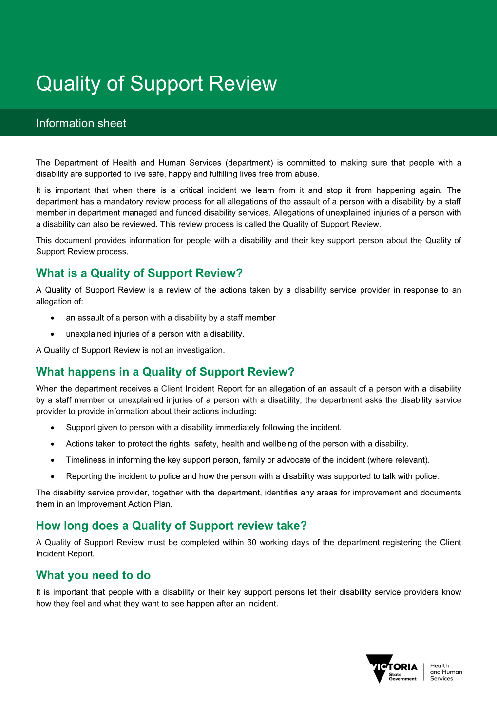 Quality of Support Review Information Sheet
