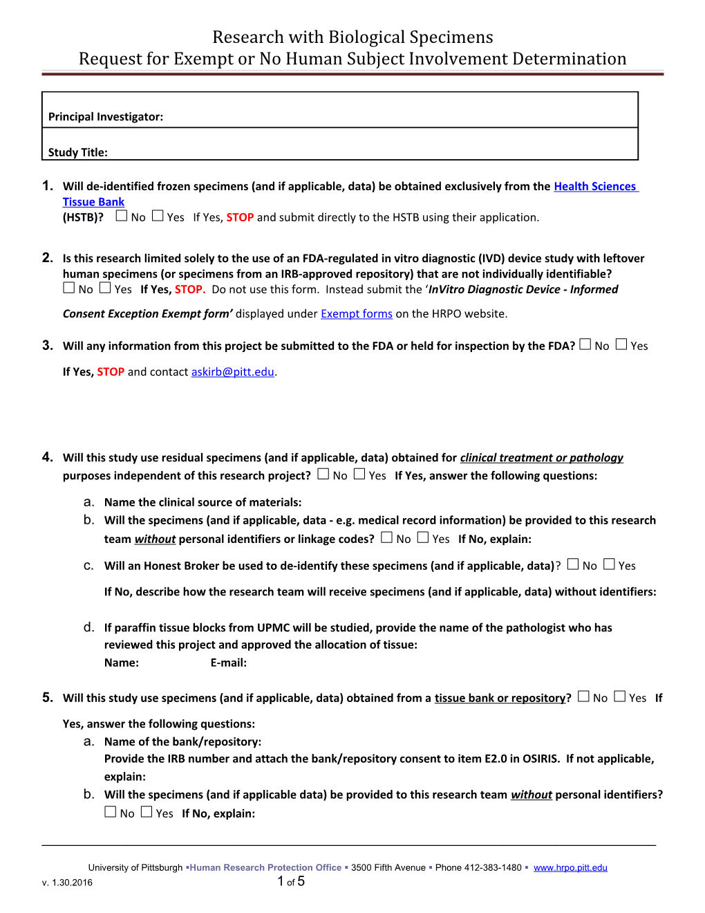 Research with Biological Specimens Request for Exempt Or No Human Subject Determination