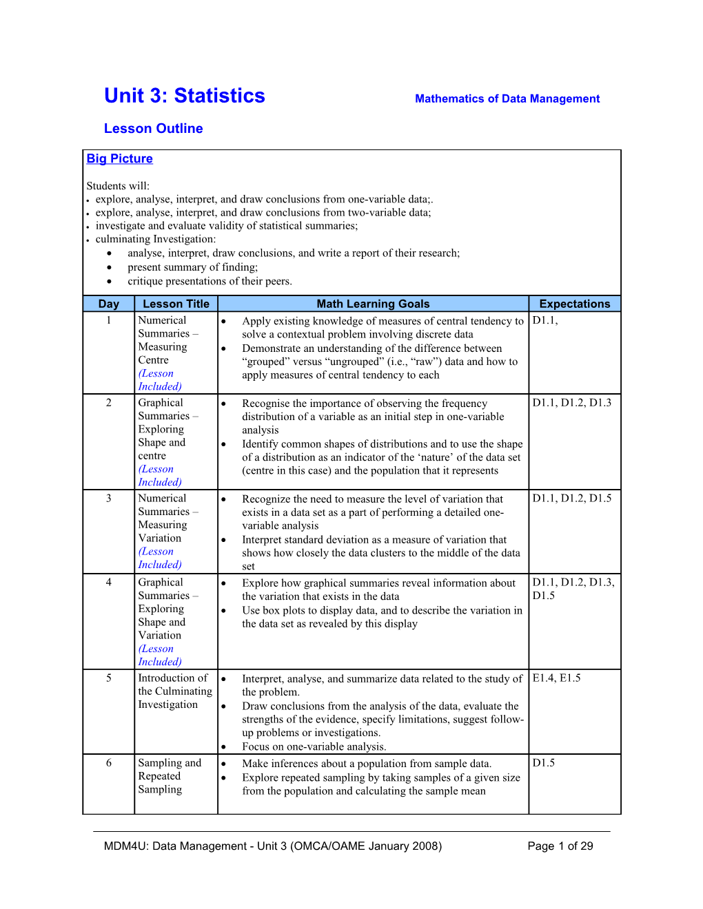 Unit 3: Statisticsmathematics of Data Management