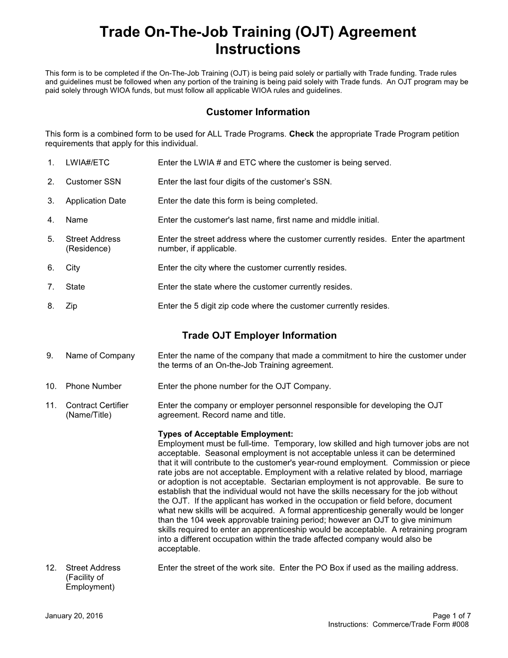 Form #008 Trade On-The-Job Training OJT Agreement Instructions (MS Word) 3-01-14
