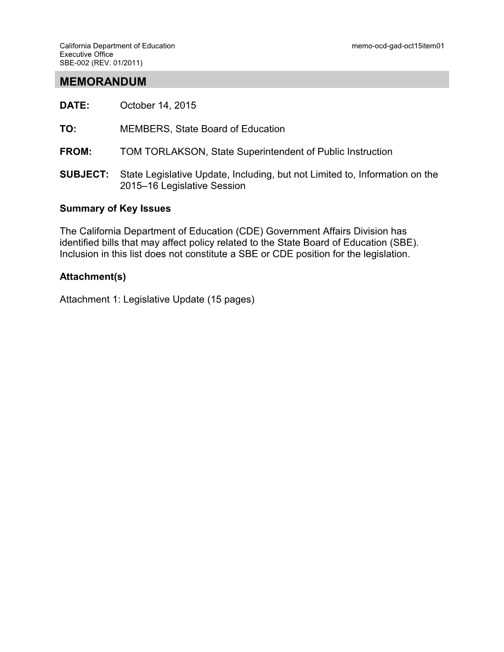 October 2015 Memo EXEC OCD Item 01 - Information Memorandum (CA State Board of Education)