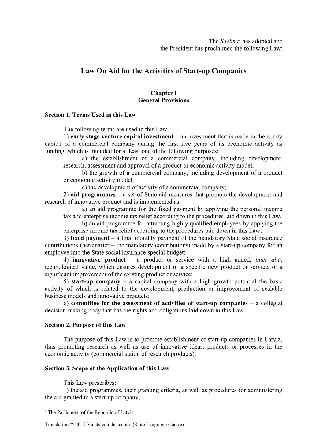 Law on Aid for the Activities of Start-Up Companies