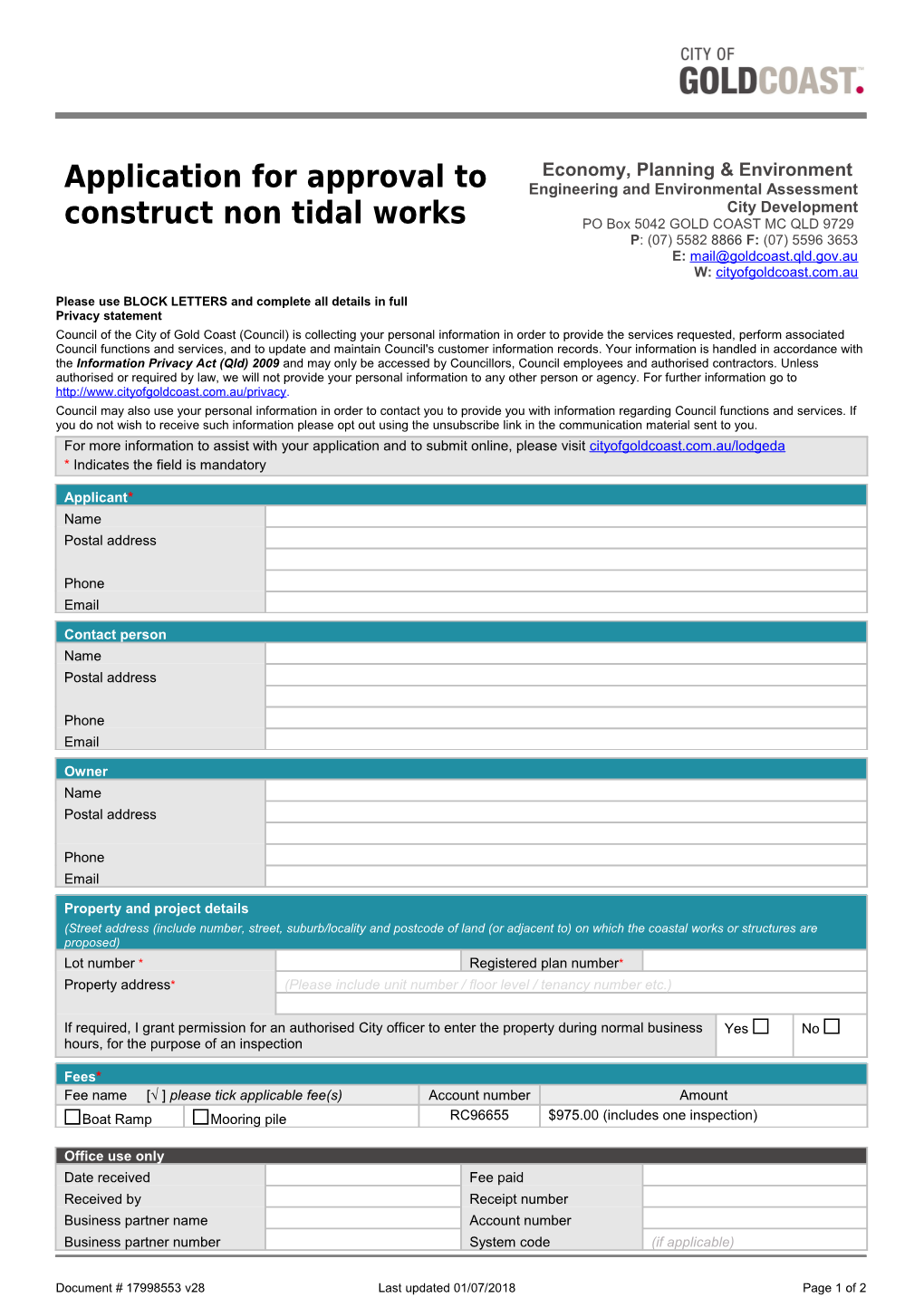 Application for Approval to Construct Non Tidal Coastal Works