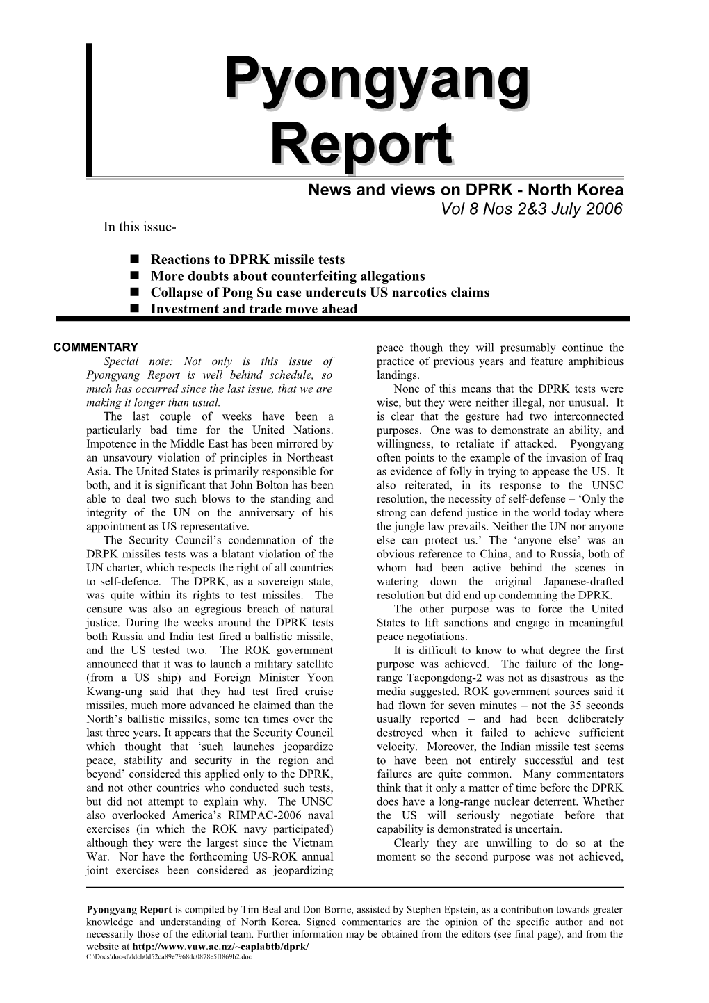 Pyongyang Report Vol 8 Nos. 2&3, July 2006