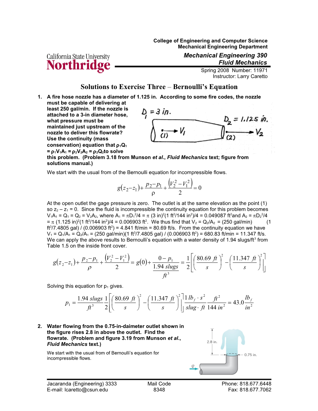 Solutions to Exercise Three Bernoulli S Equation