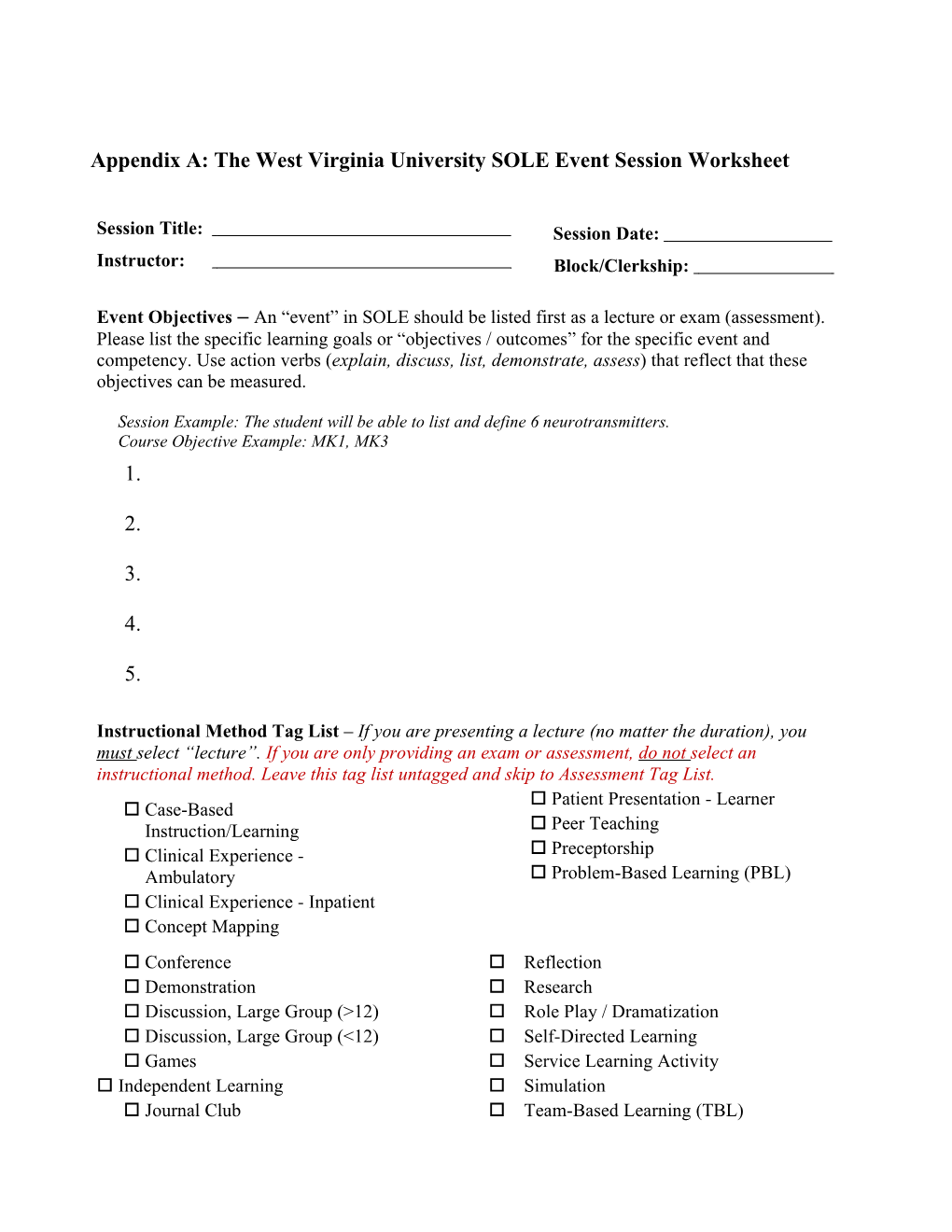 Appendix A: the West Virginia University Soleeventsession Worksheet