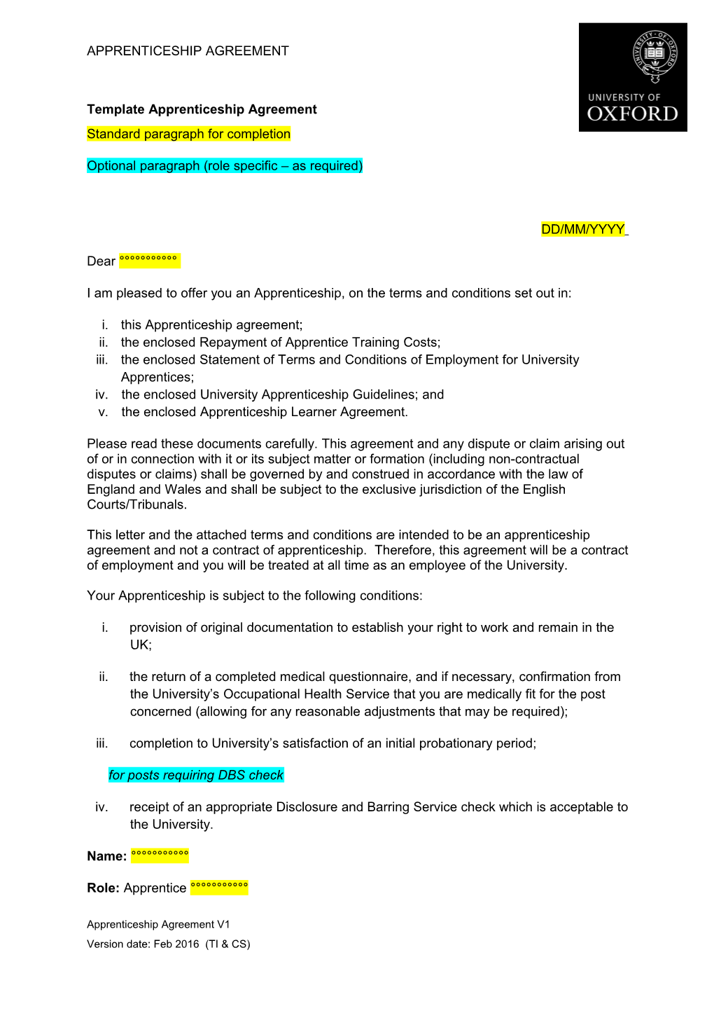 Template Apprenticeship Agreement