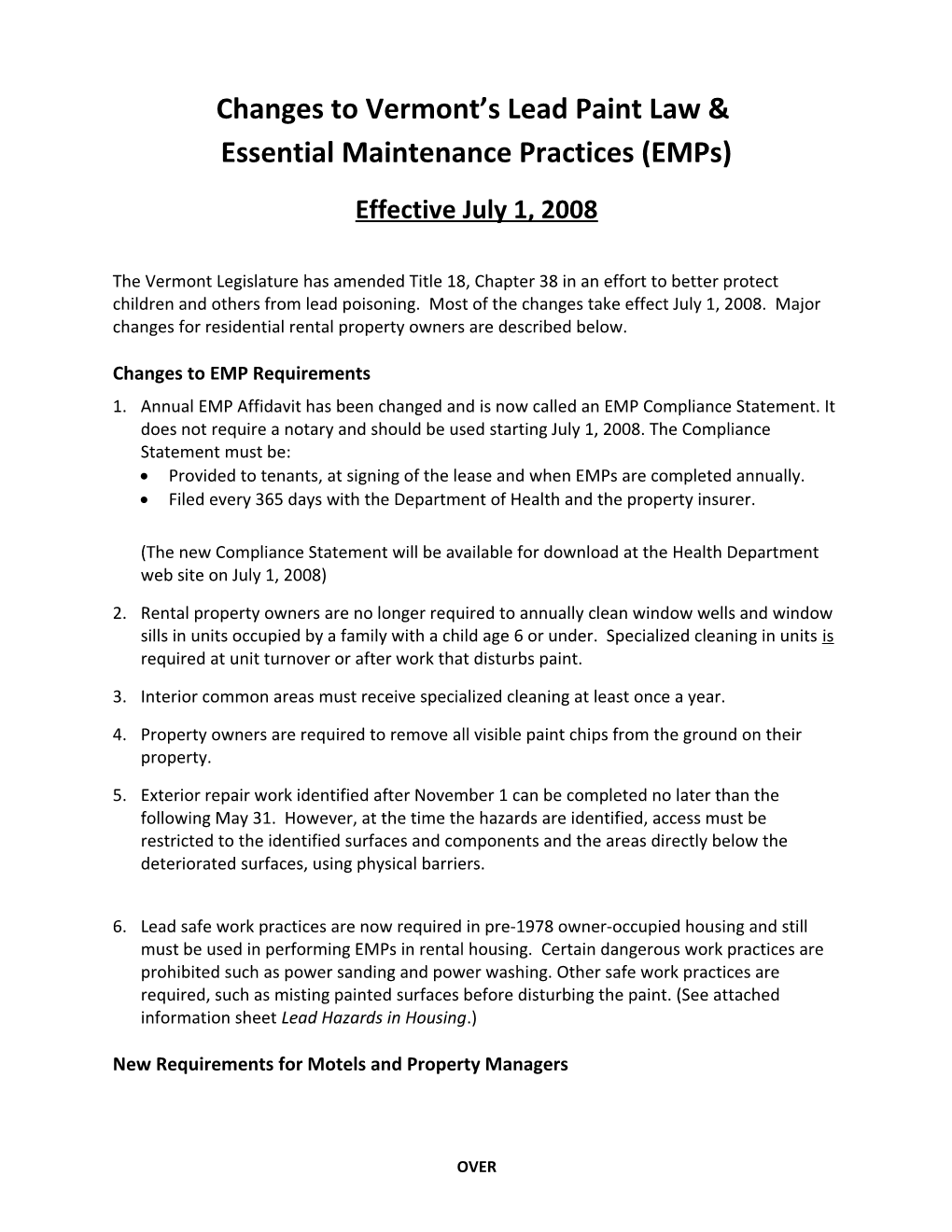 Recent Changes to Vermont S Lead Paint Law & Essential Maintenance Practices (Emps)