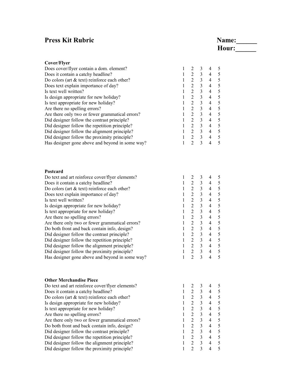 Press Kit Rubric