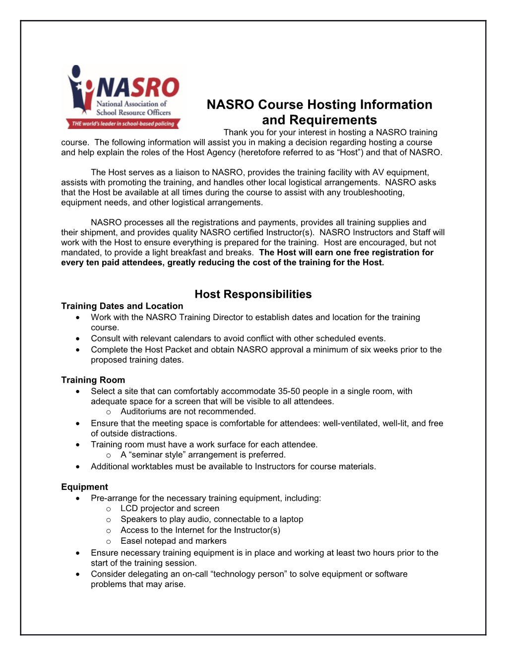 NASRO Course Hosting Information and Requirements