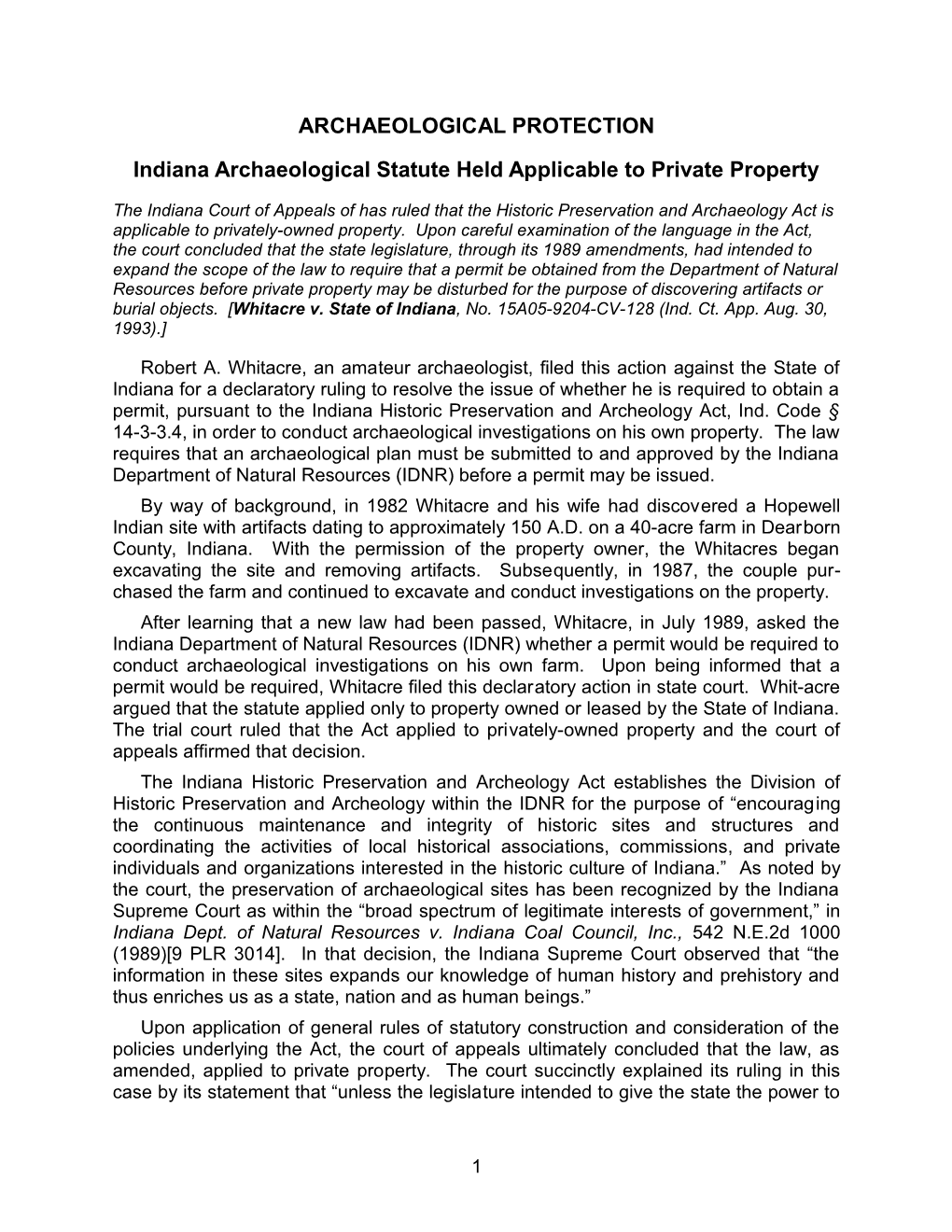 Indiana Archaeological Statute Held Applicable to Private Property