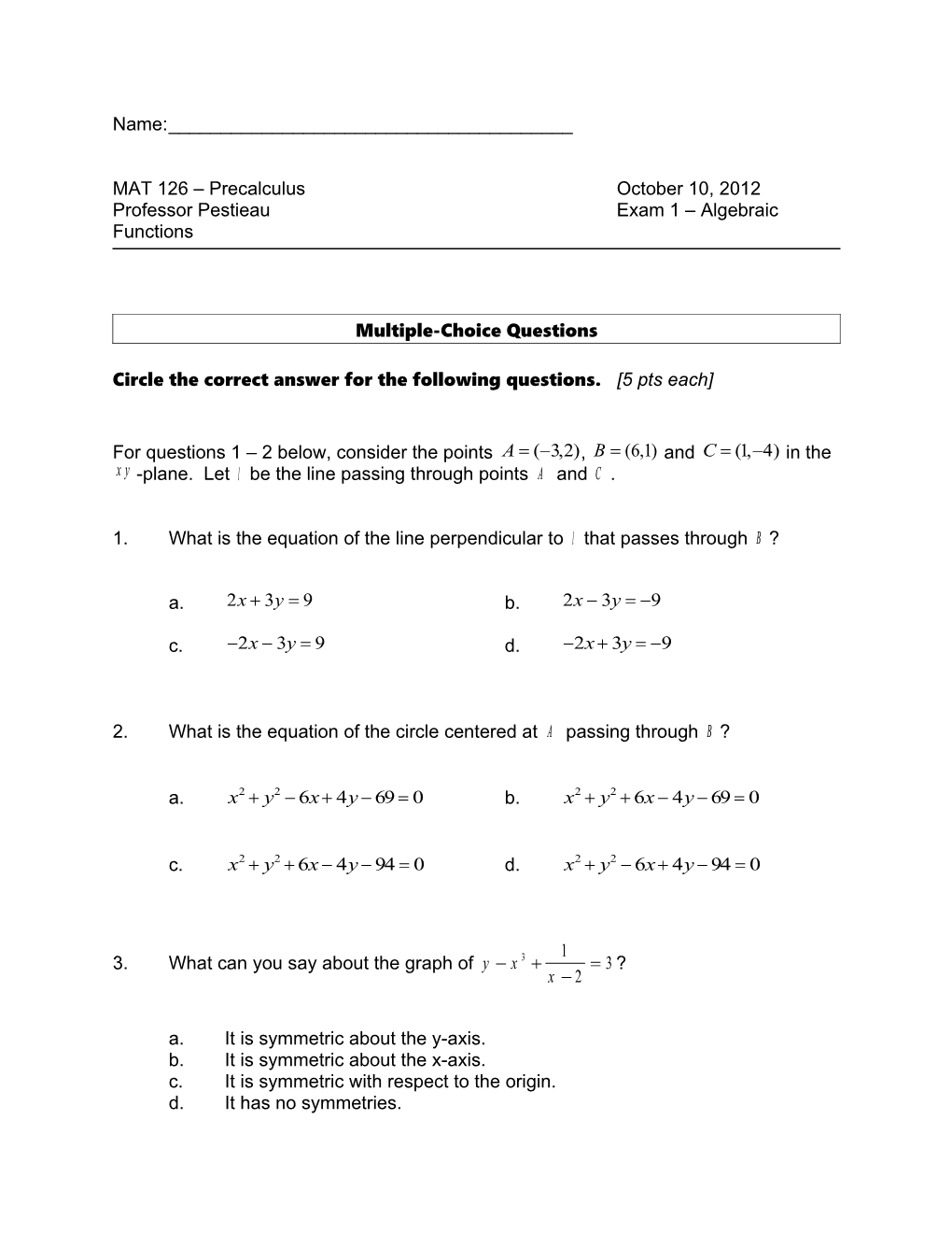 Professor Pestieauexam 1 Algebraic Functions