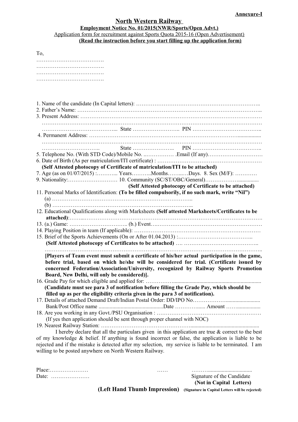 Employment Notice No. 01/2015(NWR/Sports/Open Advt.)