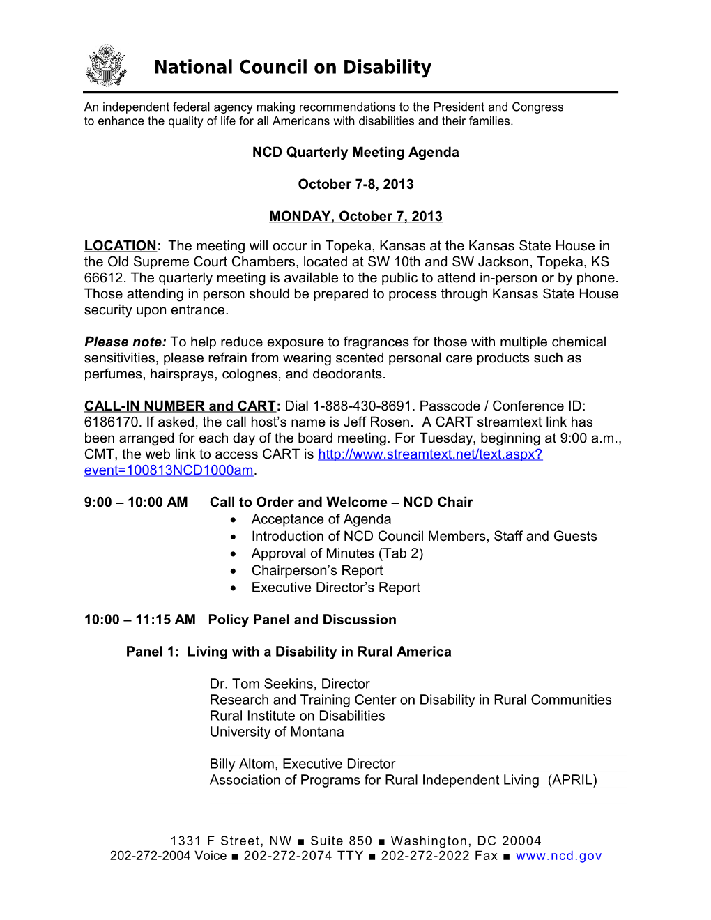 NCD Quarterly Meeting Agenda