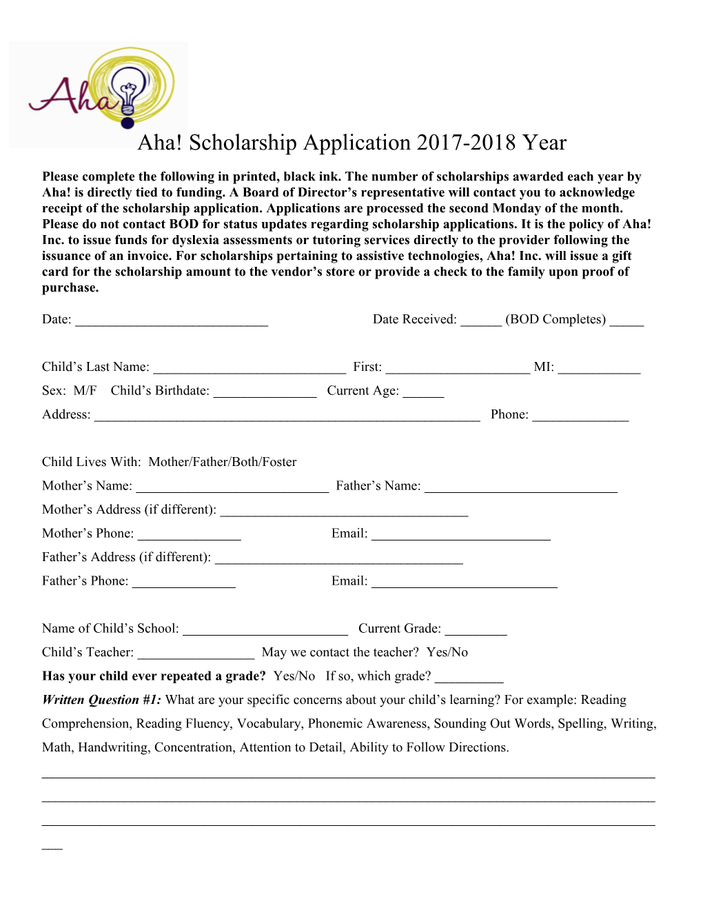 Aha! Scholarship Application 2017-2018 Year