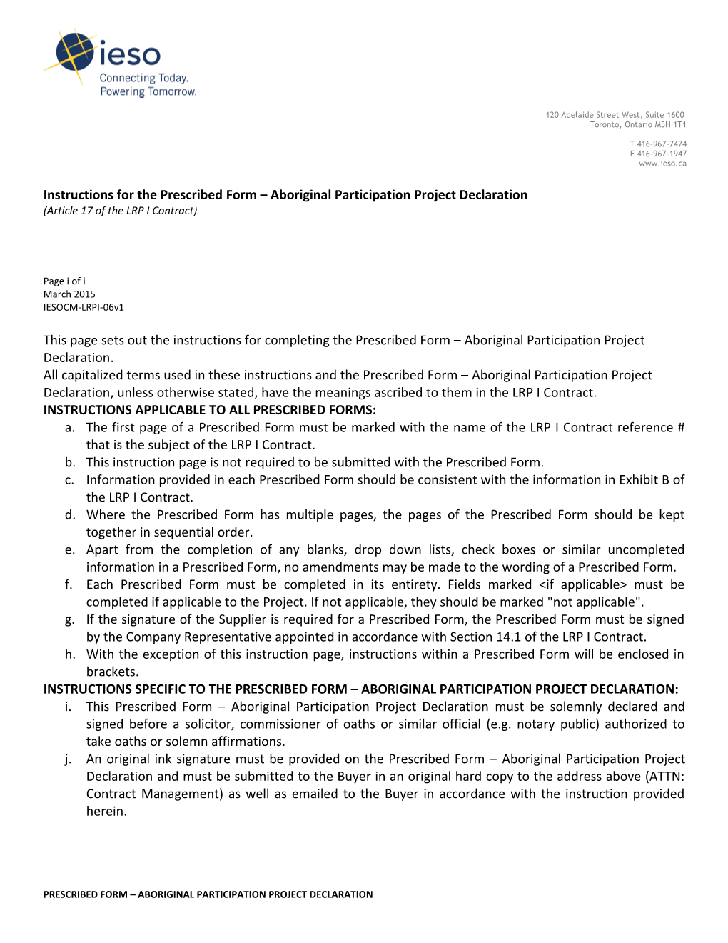 Prescribed Form - Aboriginal Participation Project Declaration
