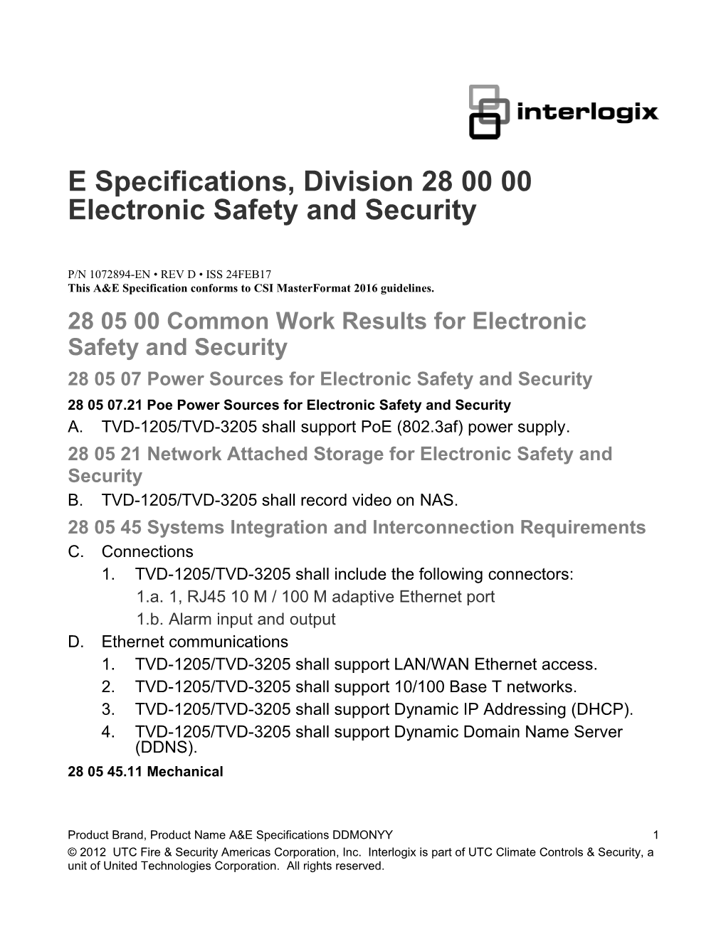 TVD-1205/3205 IP Dome Camera A&E Specifications, Division 28 00 00 Electronic Safety And