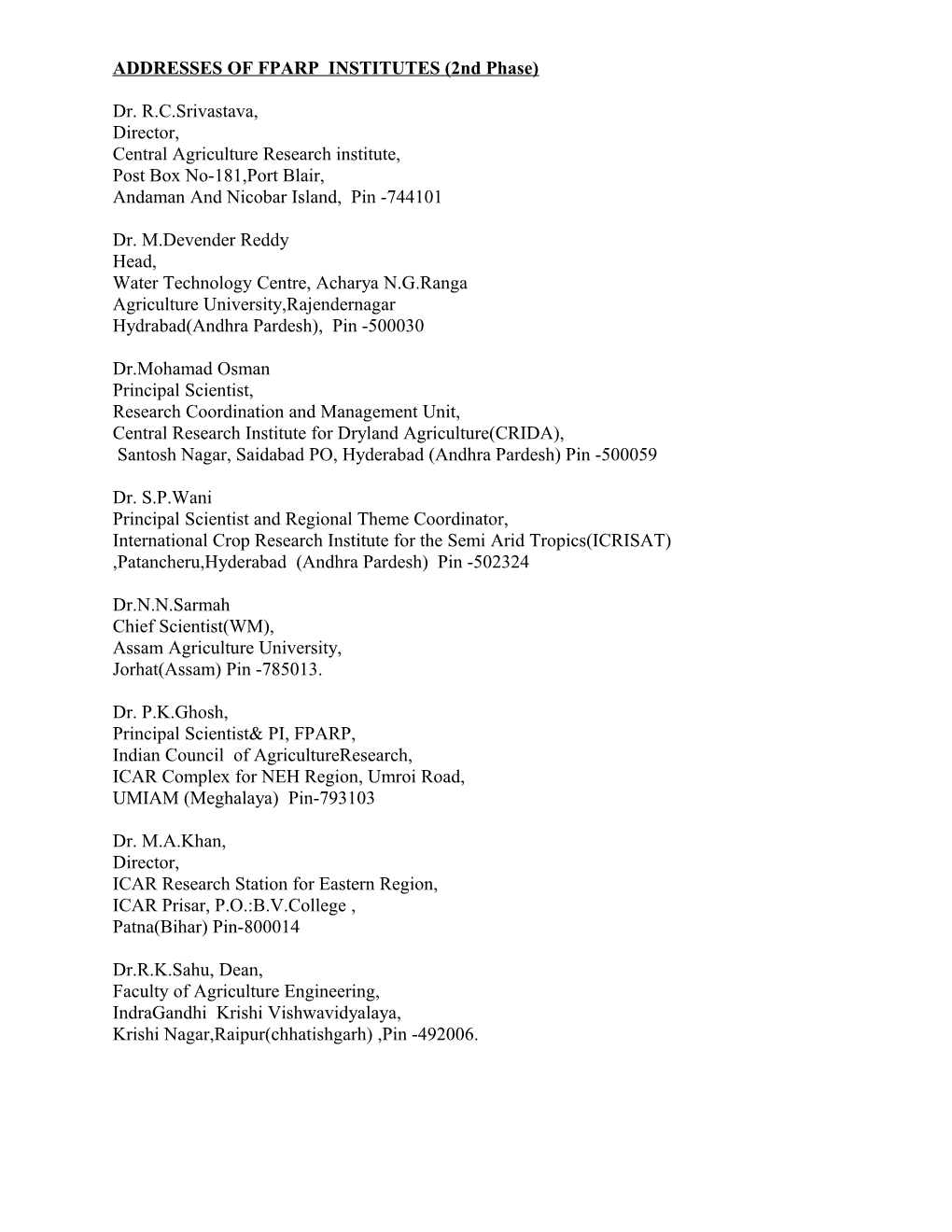 ADDRESSES of FPARP INSTITUTES (2Nd Phase)