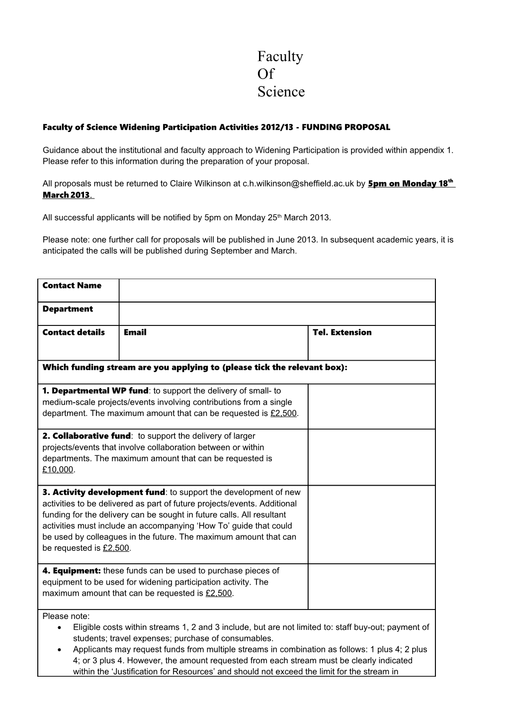 Faculty of Sciencewidening Participation Activities 2012/13 - FUNDING PROPOSAL