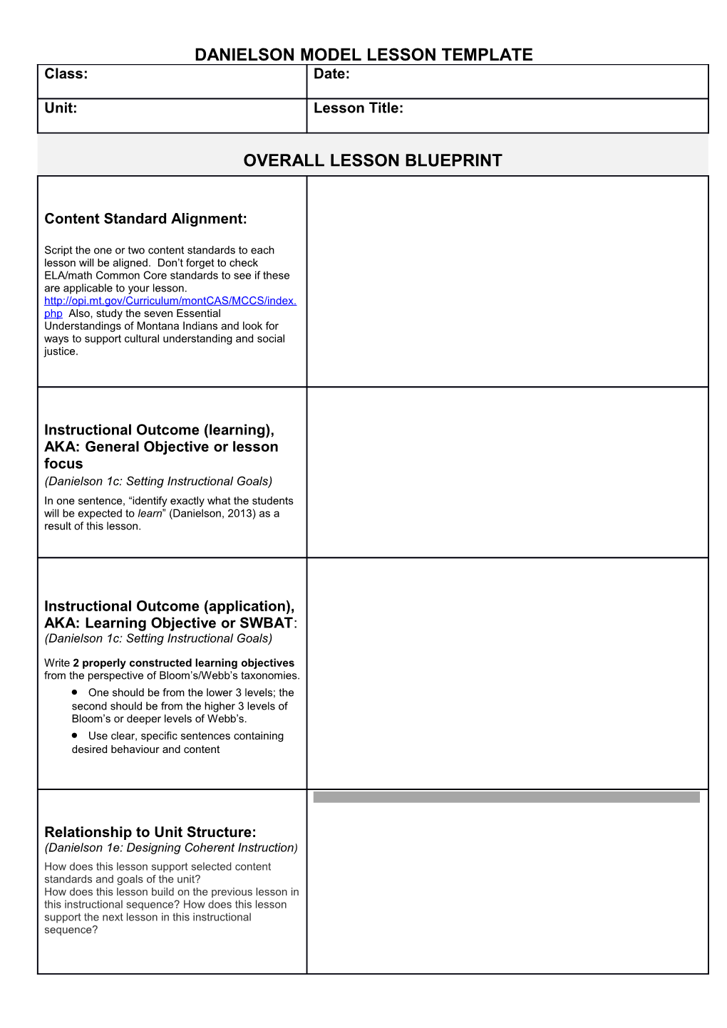 Danielson Model Lesson Template