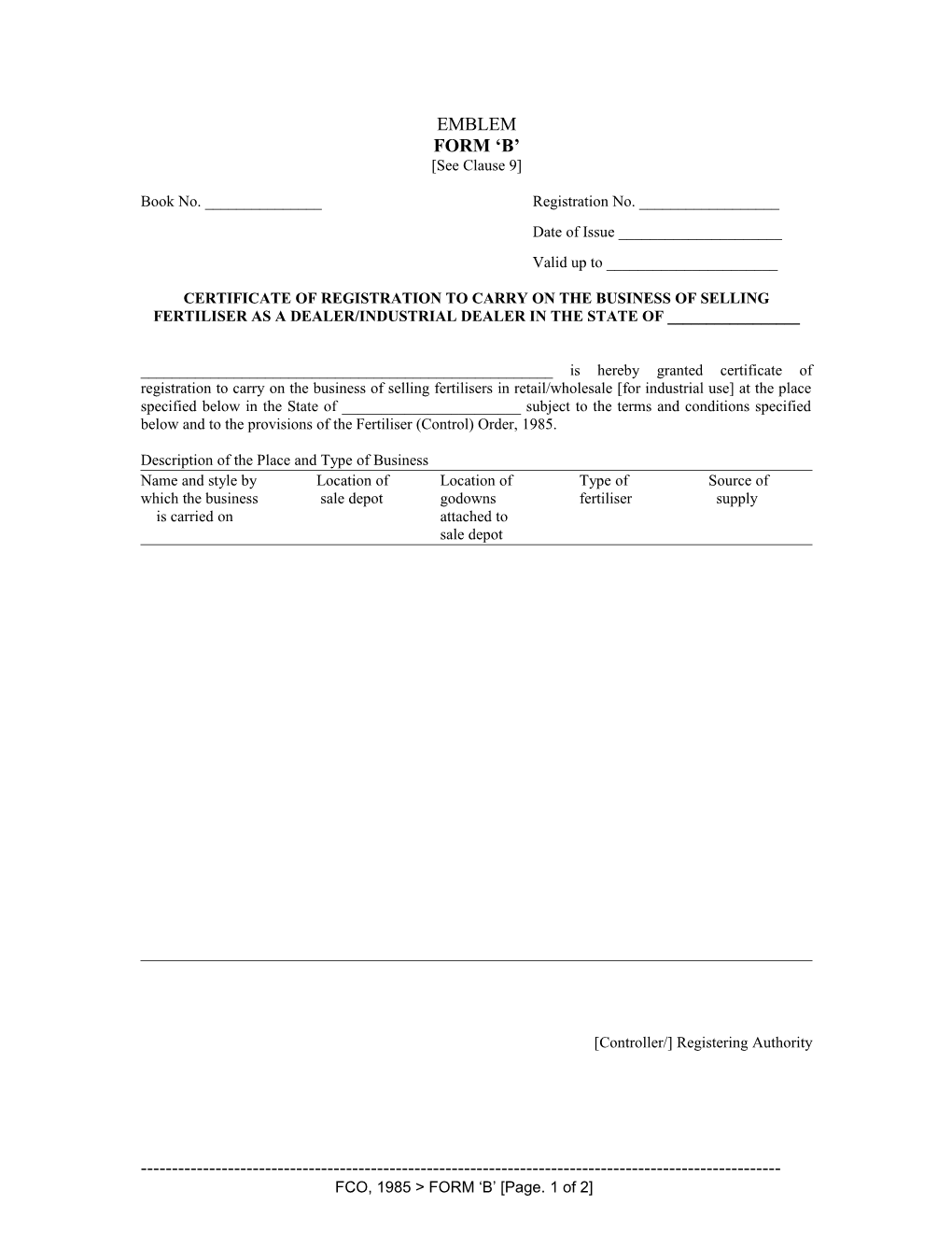 Certificate of Registration to Carry on the Business of Selling Fertiliser As A