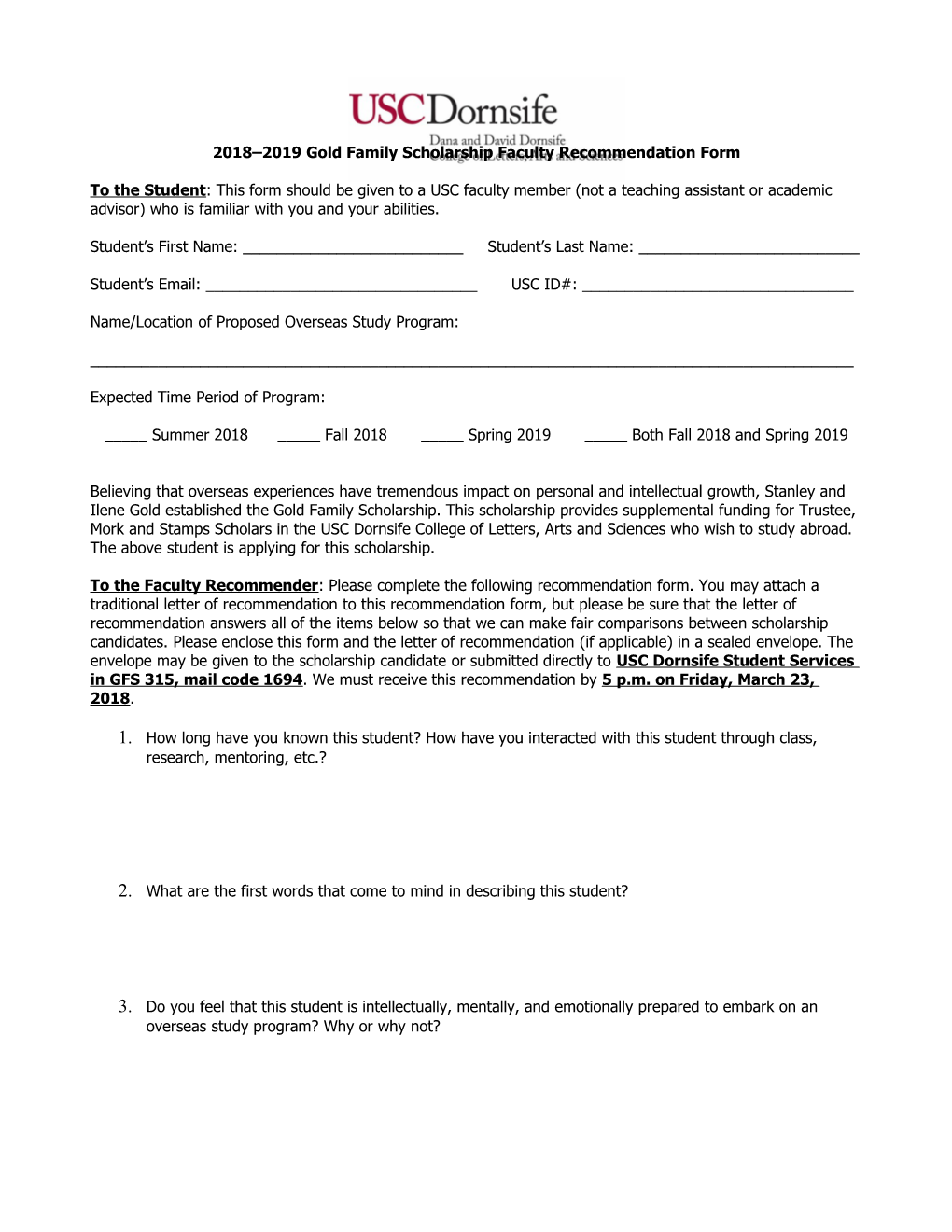 2018 2019 Gold Family Scholarship Faculty Recommendation Form