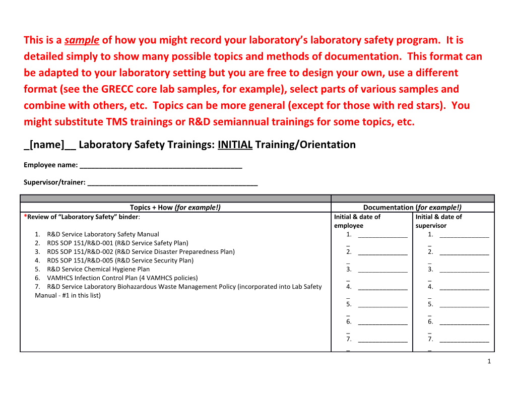 Name __ Laboratory Safety Trainings: INITIAL Training/Orientation