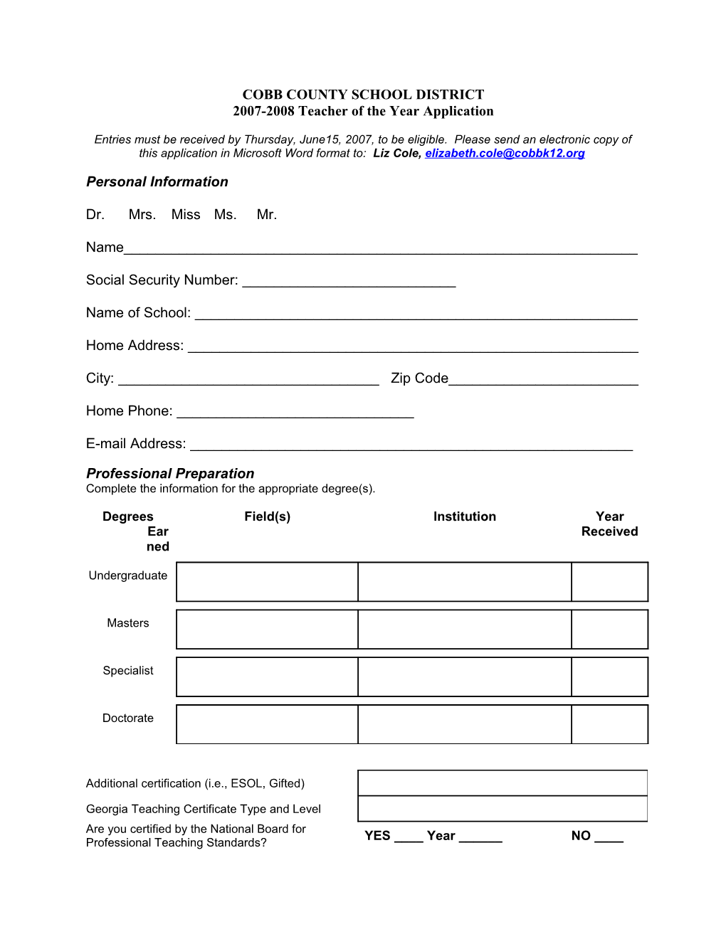 2007-2008 Teacher of the Year Application