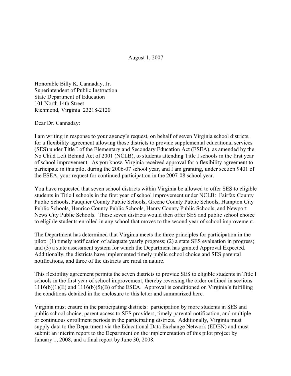 Letter to Virginia Superintendent Allowing Some of Thier Districts to Offer SES to Eligible