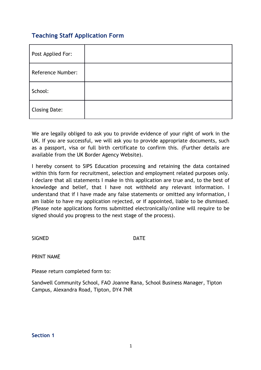 Teaching Staffapplication Form