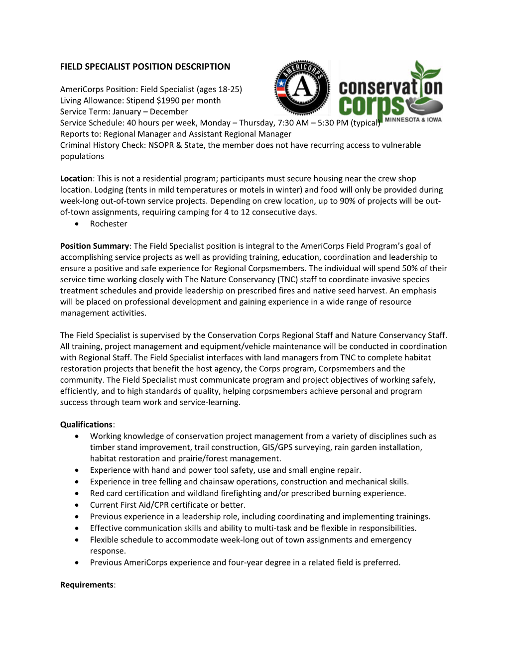 Americorps Position: Field Specialist (Ages 18-25)