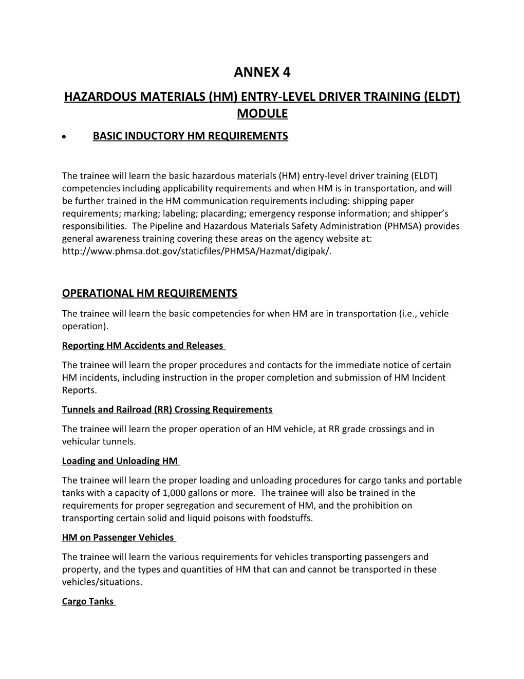 Hazardous Materials (Hm) Entry-Level Driver Training (Eldt) Module