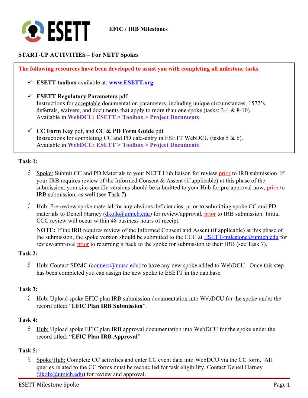 START-UP ACTIVITIES for NETT Spokes