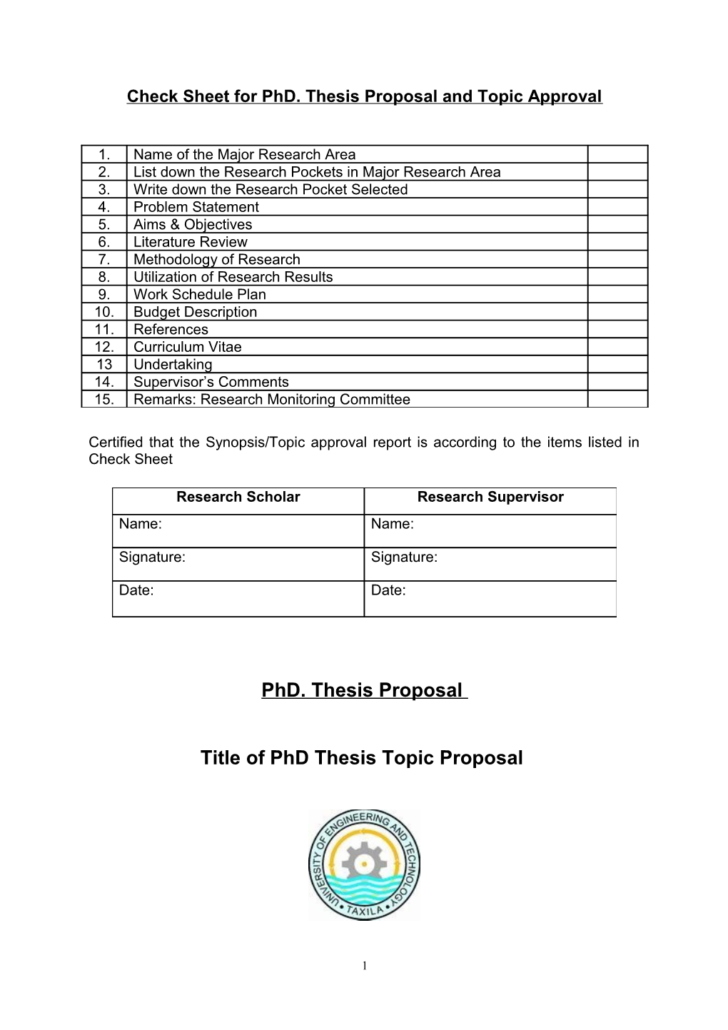 Check Sheet for Phd. Thesis Proposal and Topic Approval